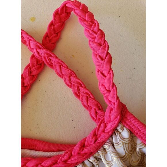 Girls Tankini Criss Cross Halter Ruffle Pink Gold Scallops Swim Top Large NWT - Picture 8 of 9